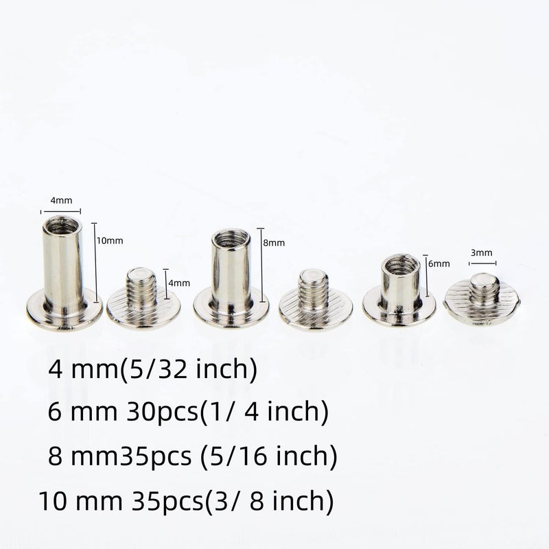 ANRUIDE 100 Set M4 Chicago Binding Screws Leather Screw Nail Rivet Button Solid Belt Tack Screw,for DIY Leather Decoration Bookbinding(Silvery 1/4 5/16 3/8 Inches) - Image 3